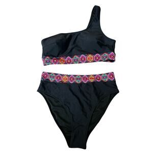 Hilinker Swimsuit Black Womens Large High Waist 2 Piece One Shoulder Multicolor